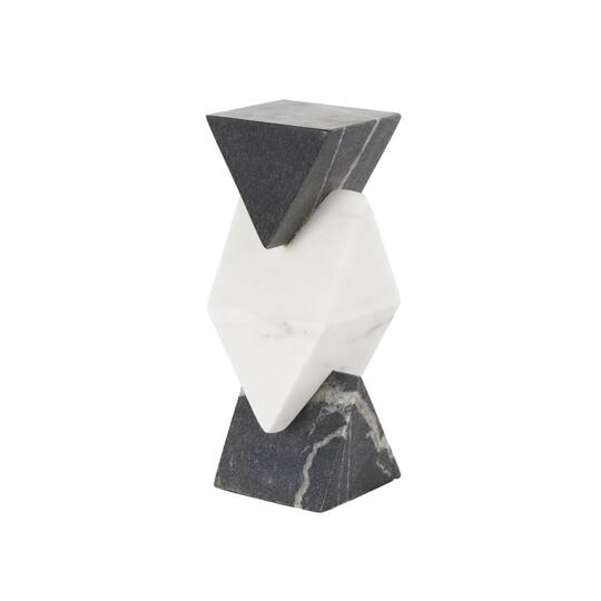 9.5" Black & White Geometric Stacked Pyramid Marble Sculpture with Diamond Center